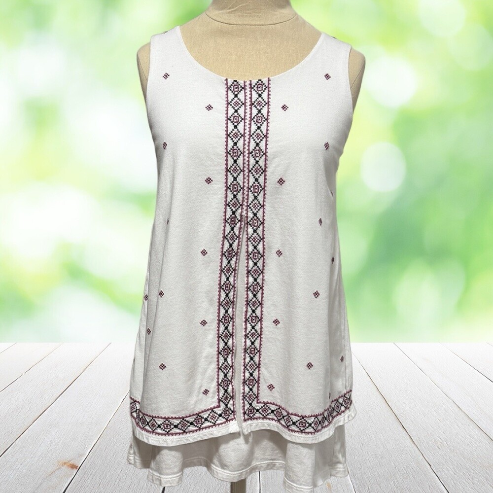 J JILL Cross Stitch Embroidered Layered Tunic Tank Boho Folk Peasant Petite PS